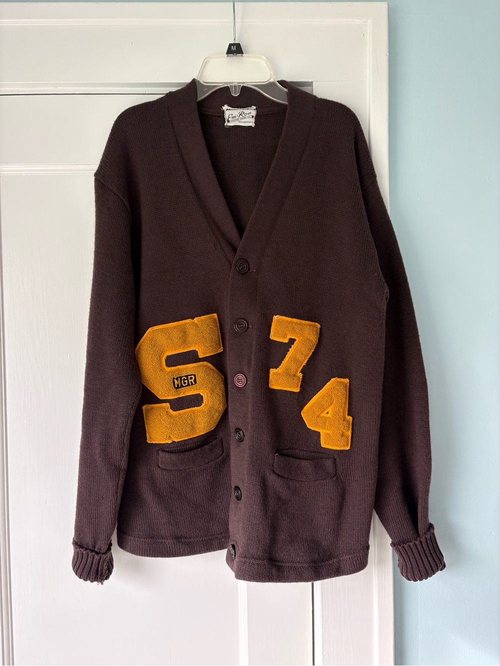 Vtg 70’s Em-Roe Indianapolis Wool Letterman Cardigan Sweater Brown Academia 1974